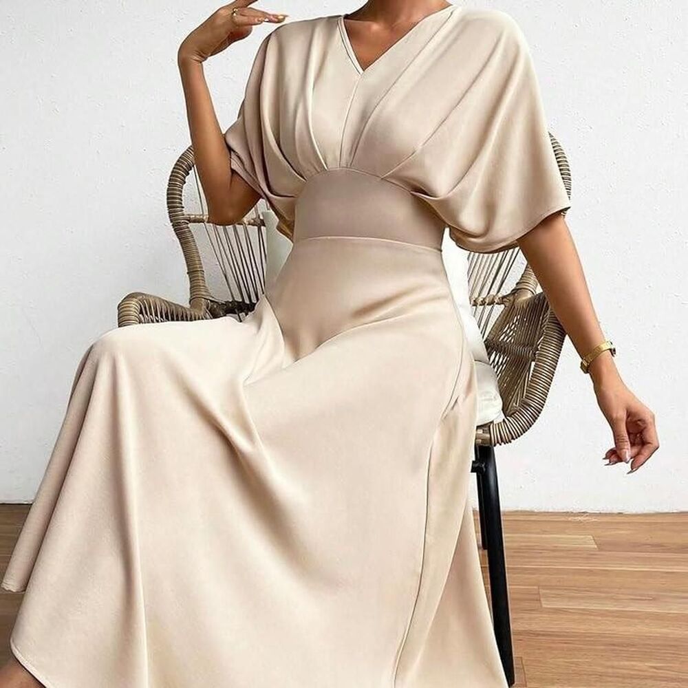 Apricot Satin V Neck Batwing Sleeve Ruched Cocktail Maxi Dress Small